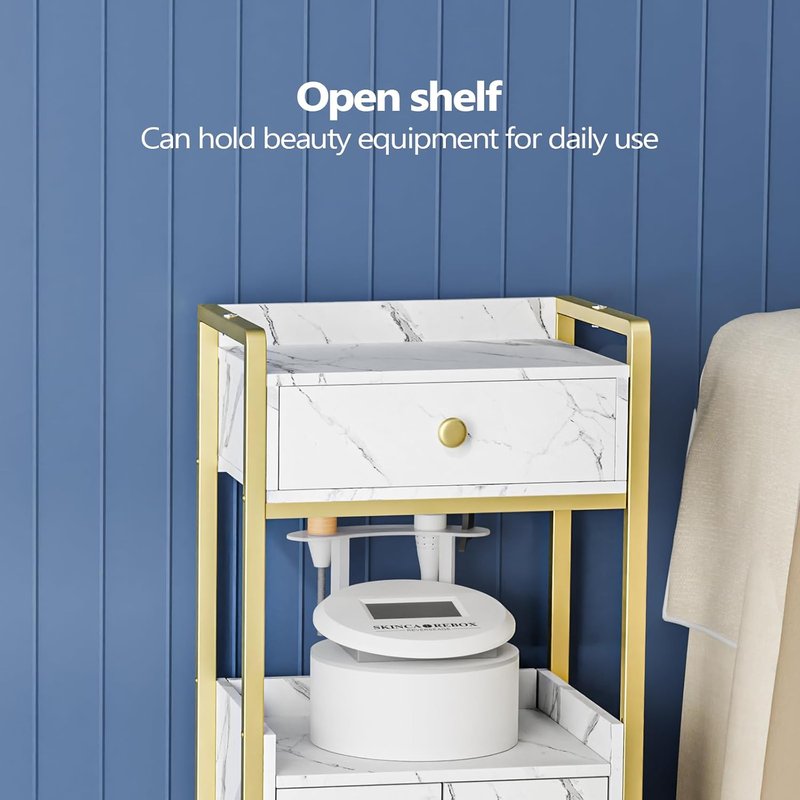 OmySalon Salon Trolley Cart - Mobile Esthetician Cart with Drawer for Beauty Spa | White Marble Finish