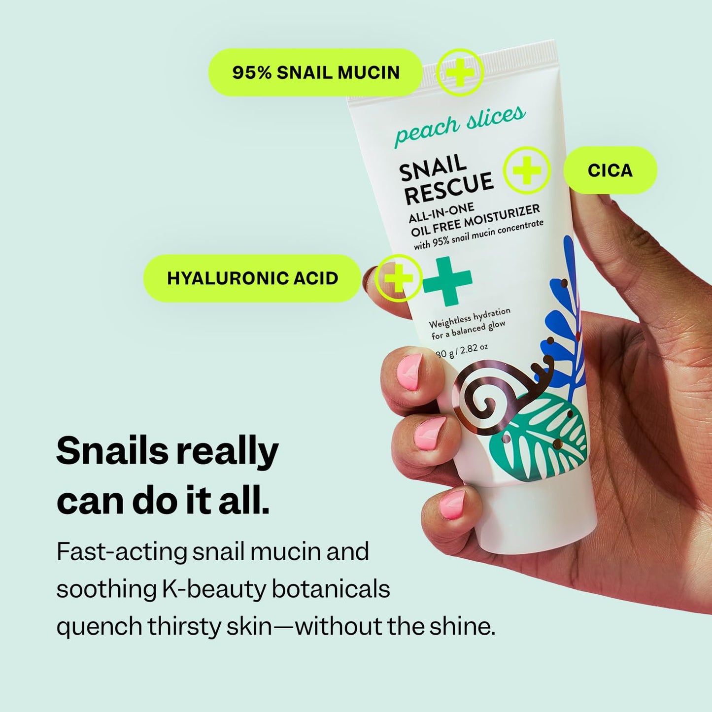 Peach Slices - Snail Rescue All-in-One Oil Free Moisturizer (2.82 oz) - 95% Snail Mucin Concentrate - Weightless - Birch Juice, Hyaluronic Acid & Cica - Clean, Cruelty Free, Korean Skin Care & Beauty