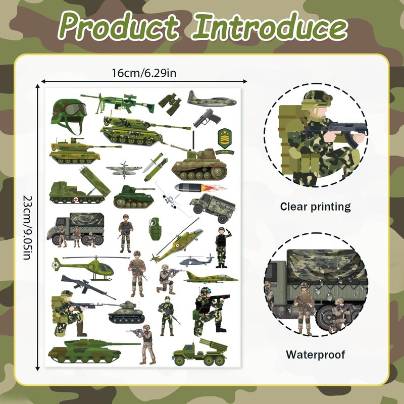 8 Sheets Army Birthday Decorations 200+ Army Temporary Tattoos Military Stickers Camo Theme Party Soldier Helicopter Tank Truck Temporary Tattoos Party Favors Supplies Prizes Rewards