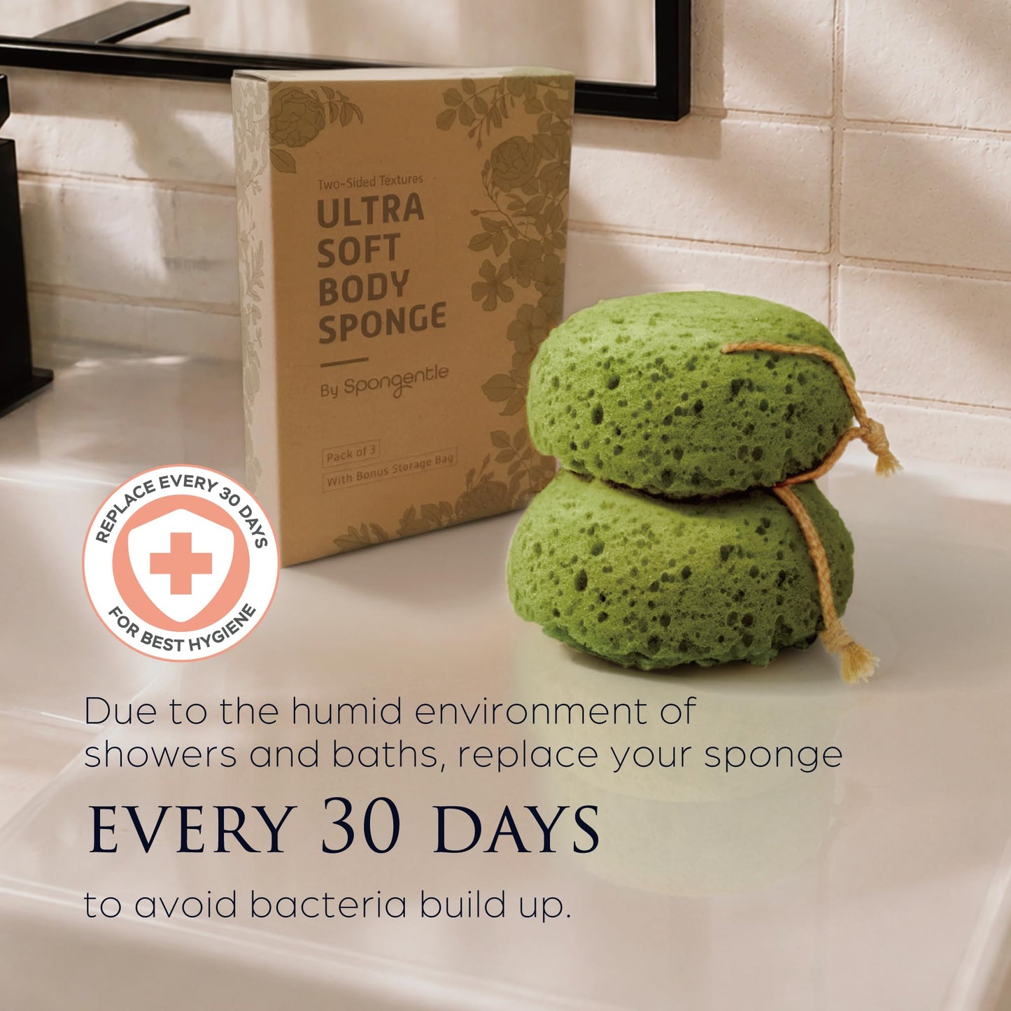 Spongentle Loofah Sponge for Shower and Bathing, Bath Sponge with Dual Texture, Shower Pouf for Gentle and Deep Exfoliation, Large Size Body Scrubber for Men & Women, PU Foam, 37% More Lather, 3 Pack