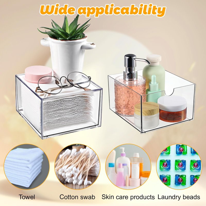 cobee Disposable Face Towel Holder, Acrylic Face Towel Storage Box Bin Container Stackable Clear Makeup Organizer with Drawer for Vanity Bathroom Makeup Organization