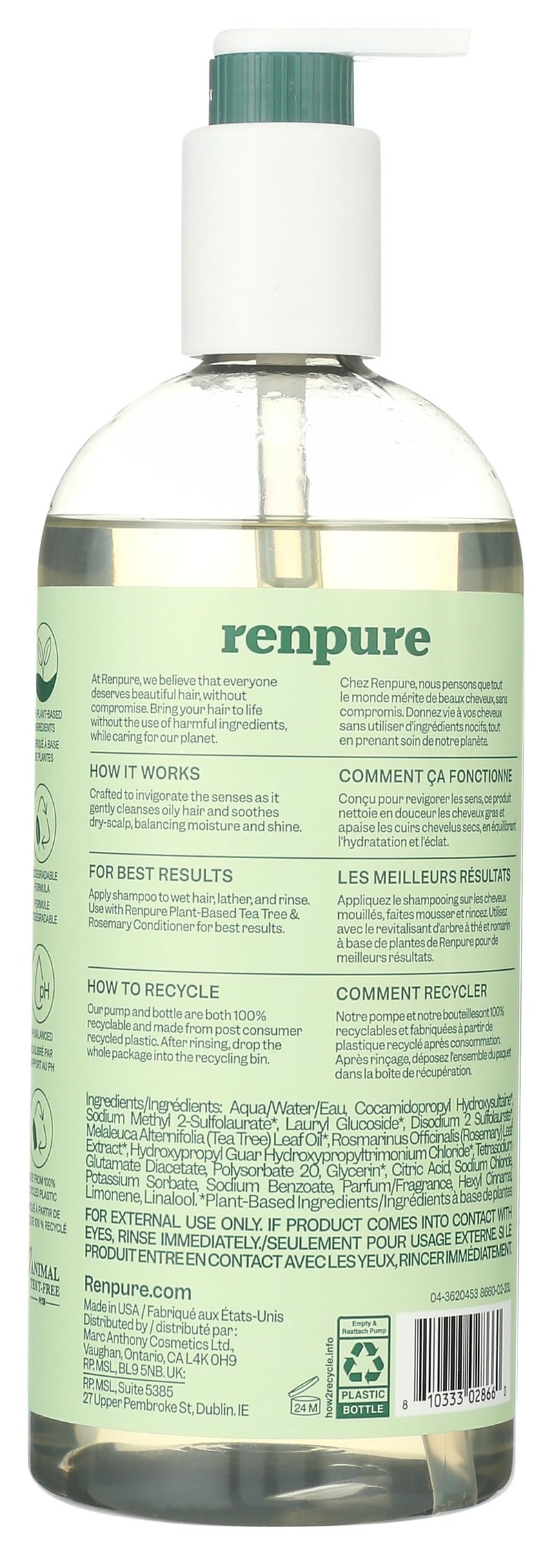 Renpure Plant Based Tea Tree and Rosemary Refresh and Rebalance Shampoo - Soothes Dry Scalp - Delivers Moisture and Shine - Rids Hair of Grime - Dye Free - Recyclable, Pump Bottle Design - 24 fl oz
