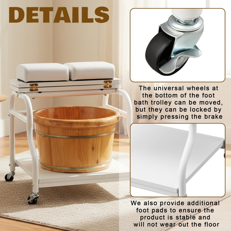 Geelin Pedicure Cart Foot Bath Trolley Portable Pedicure Station Beauty Salon Nail Bath Spa Rolling Cart Stand Supplies with Locking Wheels, Adjustable Manicure Foot Massage Stool, PU Cushion(White)