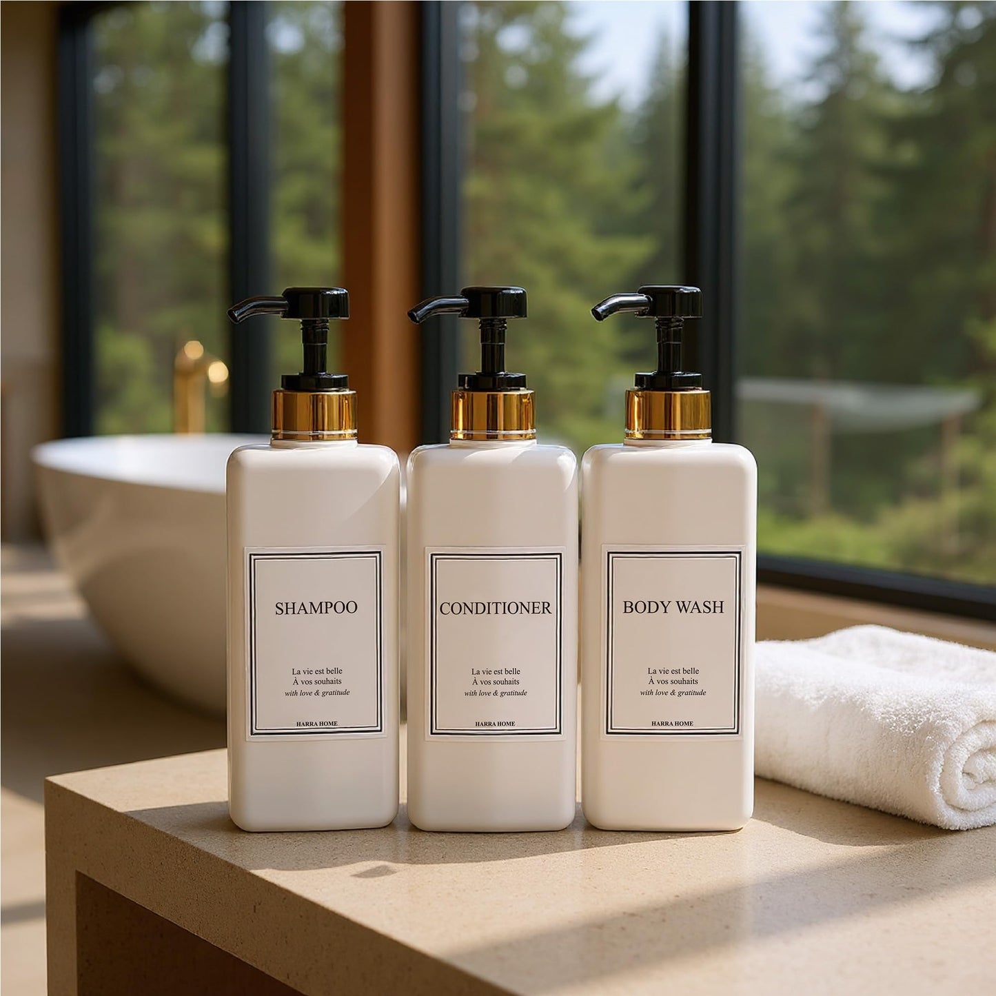 Modern Gold Design Shampoo and Conditioner Dispenser, Large 27oz Shower Soap Dispenser, Set of 3 Refillable Empty Plastic Pump Bottles for Bathroom and Body Wash (6 Waterproof Labels Included)