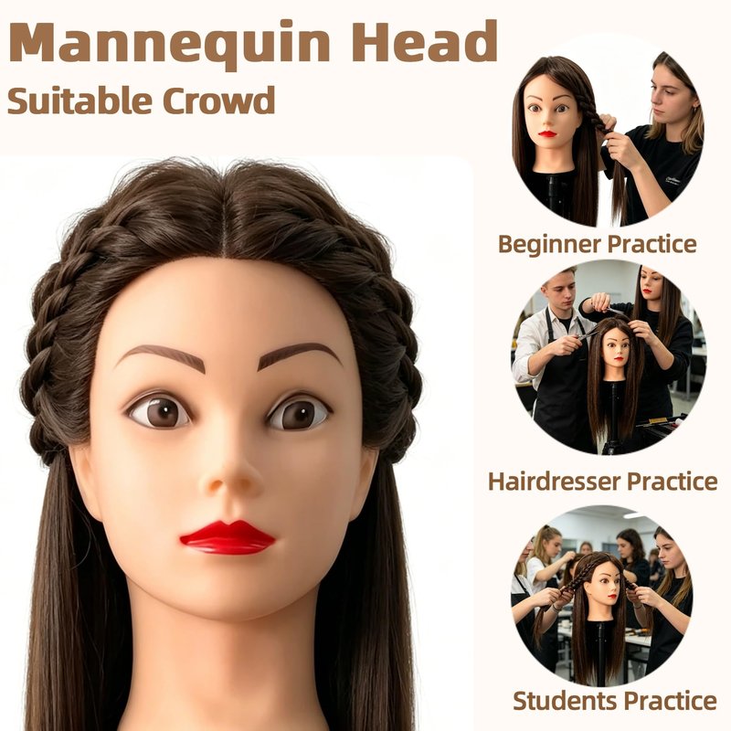 Cosmetology Mannequin Head with Hair, 26"-28" Synthetic Hair Mannequin Head for Braiding, Practice Hair Styling Training Doll Head with Stand