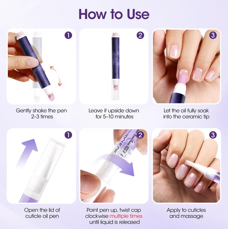 Gellen 2-in-1 Ceramic Cuticle Oil Pusher Pen Set - 2Pcs Grape Scent Cuticle Remover Pen & Nourishing Cuticle Oil Pen for Hangnails & Dry & Damaged Nails, Nail Treatment Pens for Home Salon