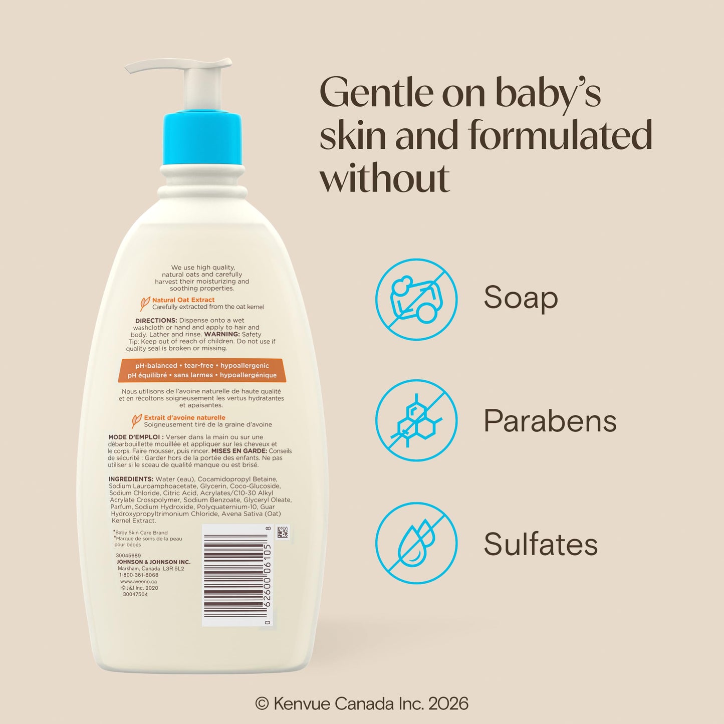 Aveeno Baby Daily Moisture Gentle Baby Body Wash and Shampoo with Oat Extract, 2-in-1 Baby Wash and Hair Shampoo, Tear-Free, Paraben-Free for Sensitive Skin and Hair, Lightly Scented, 18 Fl Oz