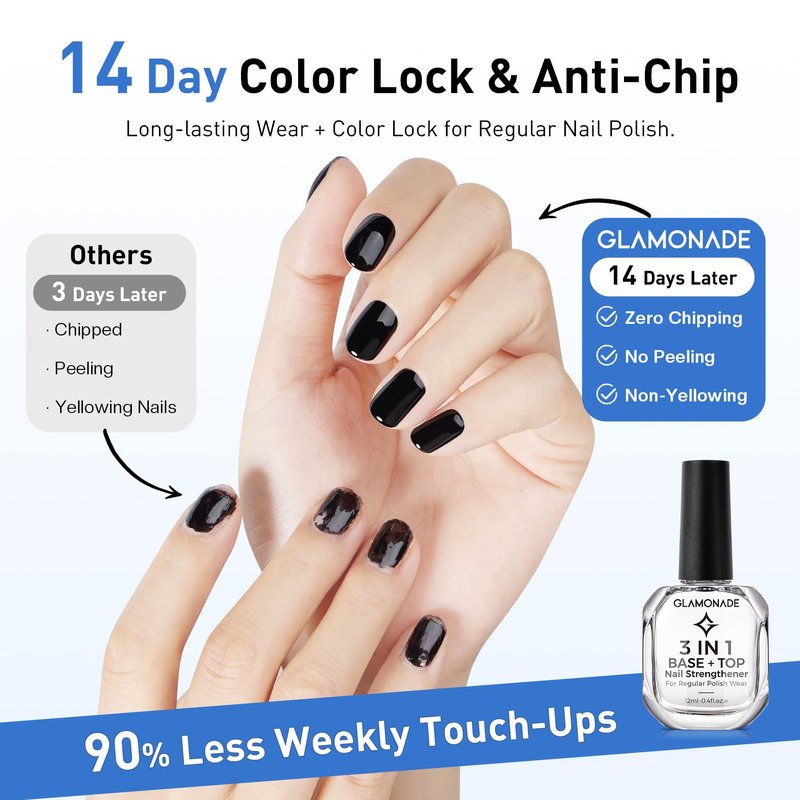 Glamonade 3-In-1 Clear Nail Polish: Quick Dry Top Coat Prevent Staining Base Coat & Nail Strengthener, High Gloss Long Lasting No Chip Shield, Nail Hardener for Weak Nails, DIY Manicure for Women 12ml