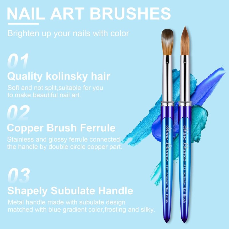 Acrylic Nail Brush - Size 12 Kolinsky Sable 3D Art Tool | Gradient Blue Handle