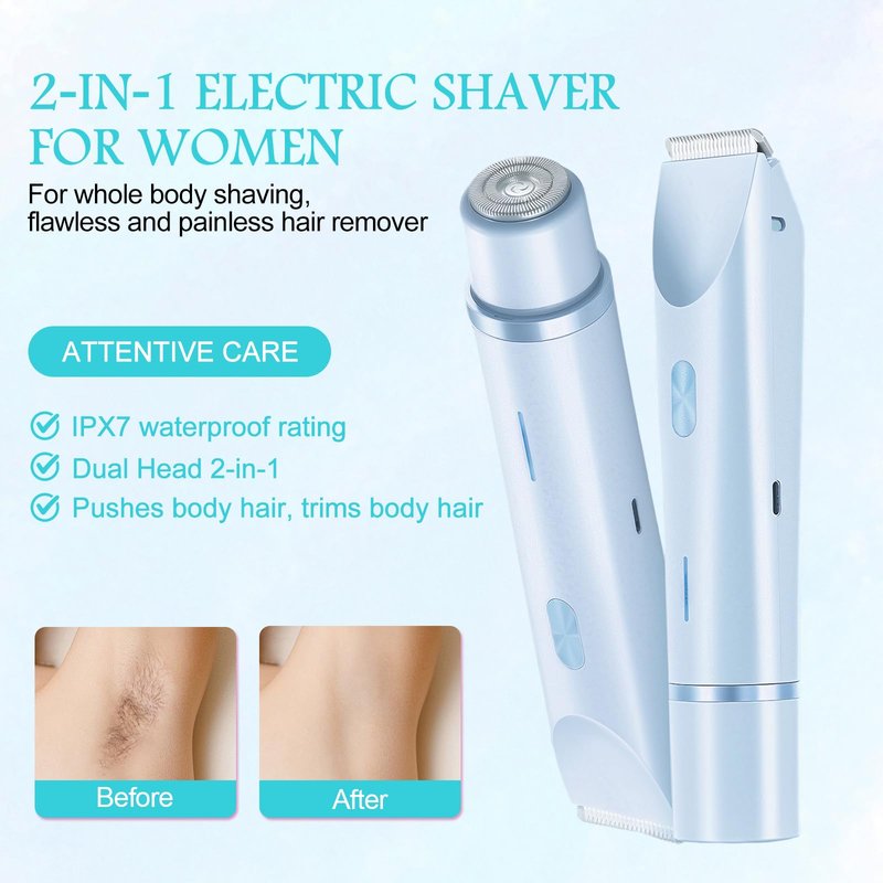 Bikini Trimmer for Women, 2 in 1 Electric Razors for Women, Rechargeable Cordless & Painless Hair Removal, Ultra Low Silent, Easy Cleaning, IPX7 Waterproof Bikini Shaver for Sensitive Skin (Blue)