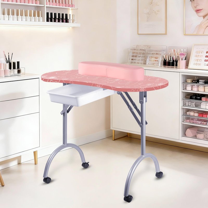 Senrob Portable Foldable Nail Desk for Nail Techs Manicure Table with Drawer & Wrist Rest, Wheeled Nail Tech Workstation (Pink)