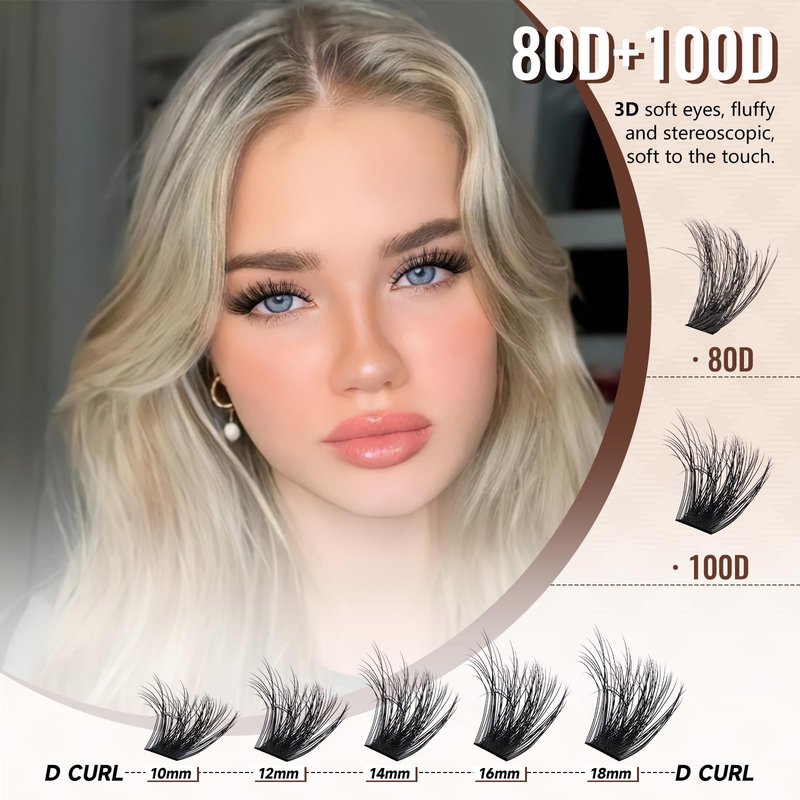 JMS&JMS Lash Clusters Fluffy 80D 100D Individual Lashes D Curl Cluster Eyelash Extensions 10-18mm DIY Lash Extension Volume Thick Eyelash Clusters