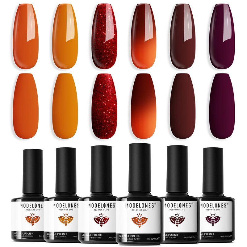 Modelones Gel Nail Polish Set - 6 Colors for Winter | Brown, Orange, Burgundy & Glitter Shades