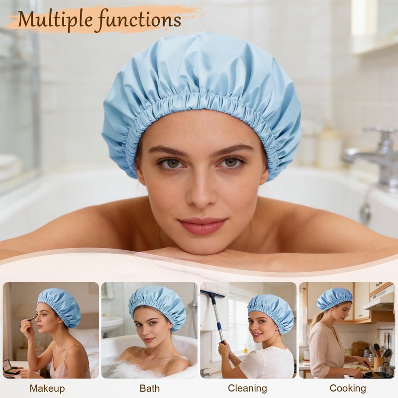Doitory Shower Cap for Women, Reusable Waterproof Shower Cap Satin Lined with Soft Elastic Band, Large Washable Bath Caps(Light Blue)