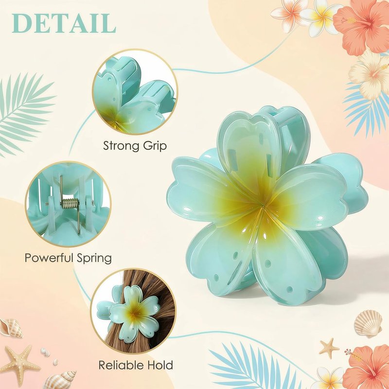 Flower Hair Claw Clips - 6 Pcs Hawaiian Style for Thick & Curly Hair | Strong Hold, Non-Slip Beach Accessories