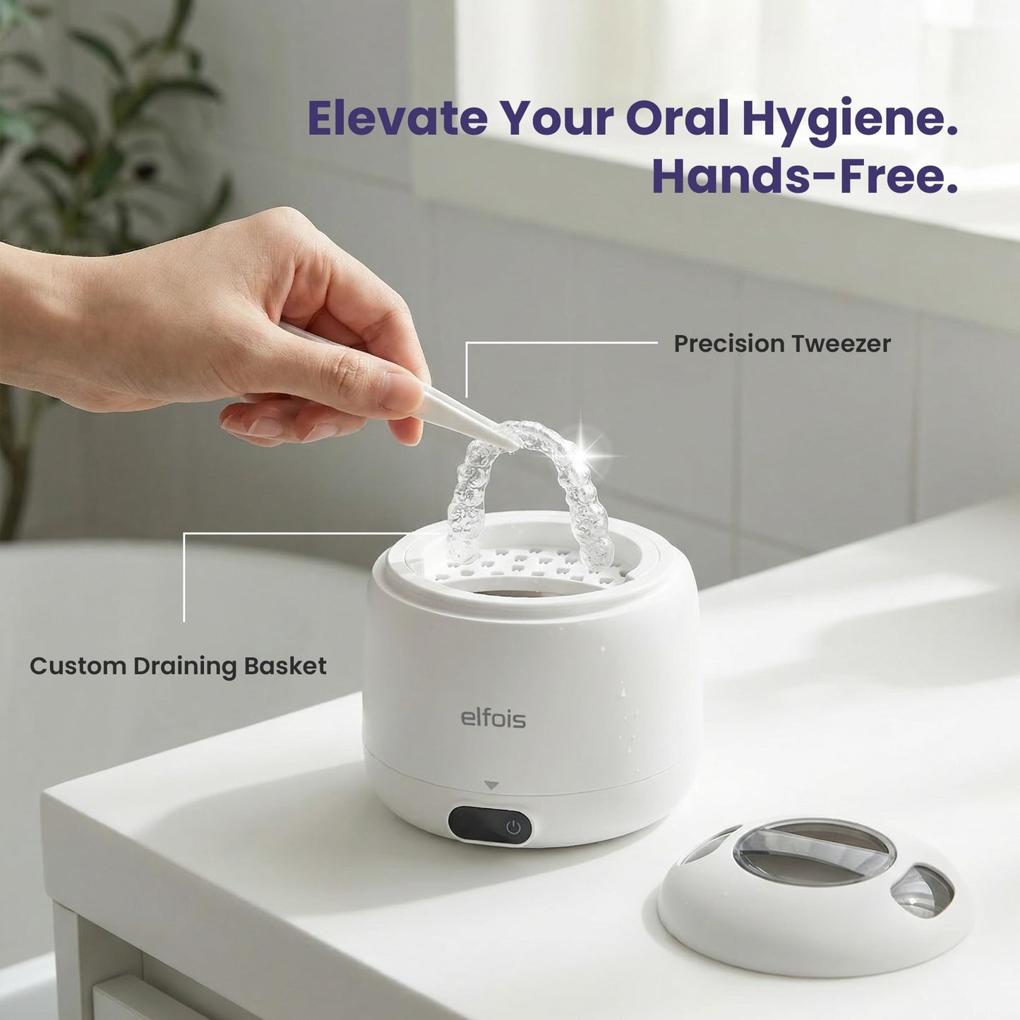 ELFOIS Premium Ultrasonic Retainer Cleaner Machine with UV — 45kHz Durable Dental Pod, 4 Cleaning Modes, Detachable Design for Invisalign, Aligners, Night Guards, Mouth Guards and Dentures