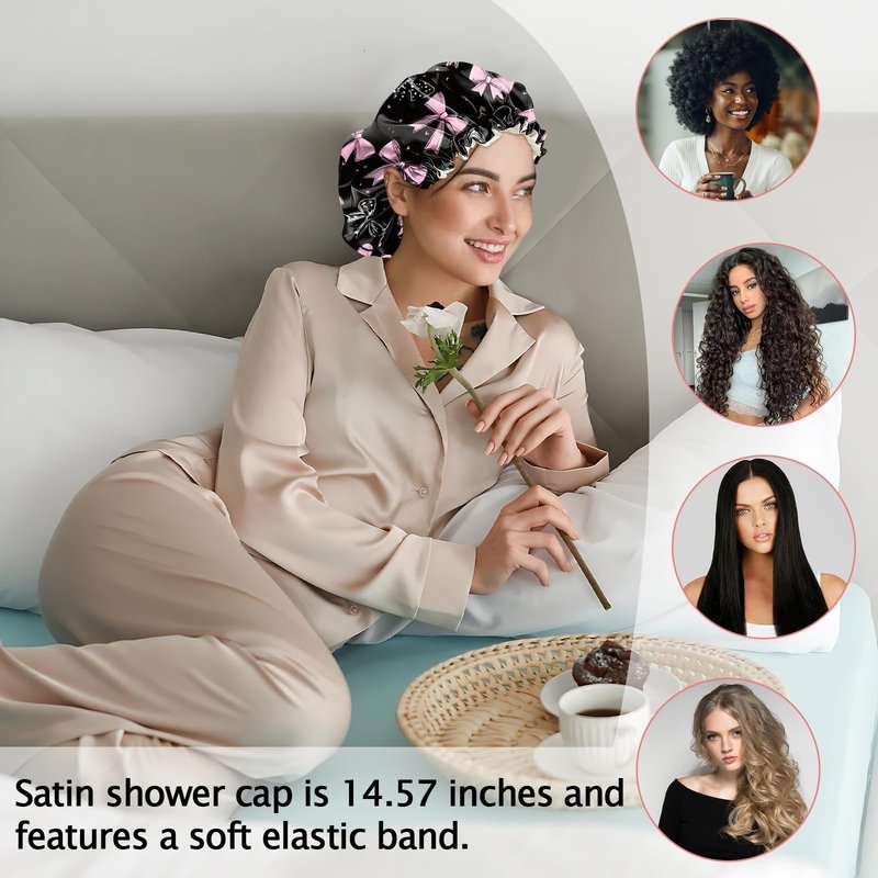 Cabreche Luxury Shower Cap Satin Silk Lined Adjustable Elastic Reusable Waterproof Shower Bath Cap Cute for Women Girls-Black Pink Bowknot
