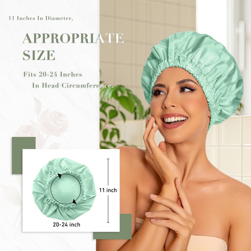 Reusable Shower Cap for Women, Large Waterproof Shower Bonnet with Elastic Band, Washable Bath Hair Cap for Long, Curly Hair, Braids, Daily Shower, Home Spa, Travel(Green Bean)