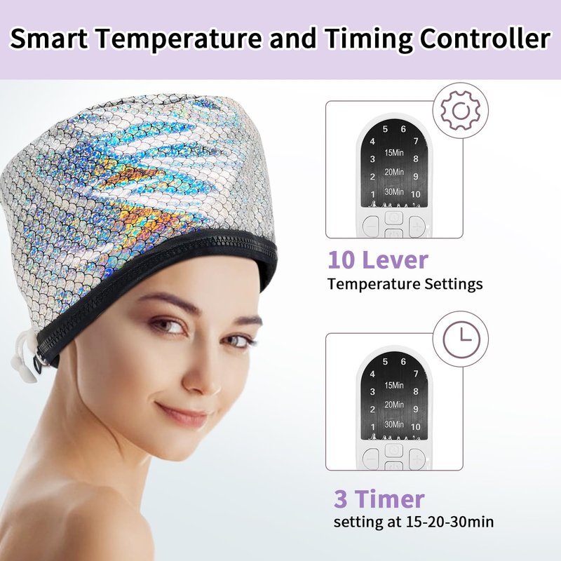 Hair Steamer Cap, Portable Hair Care Hat with 10 Mode Temperature Control, 110V Electric Heating Cap for Hair SPA Beauty Steamer Nourishing Hat Hair Thermal Treatment Cap (Colorful Fish Scales)