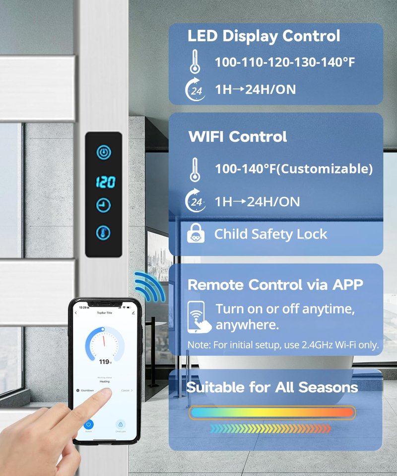 Aquatrend WiFi Heated Towel Rack Wall Mounted, Electric Towel Warmer with Foldable Bracket, Stainless Steel, LED Built-in Timer, Plug-in, Temperature & Timing Control, 6 Bars, Brushed Nickel