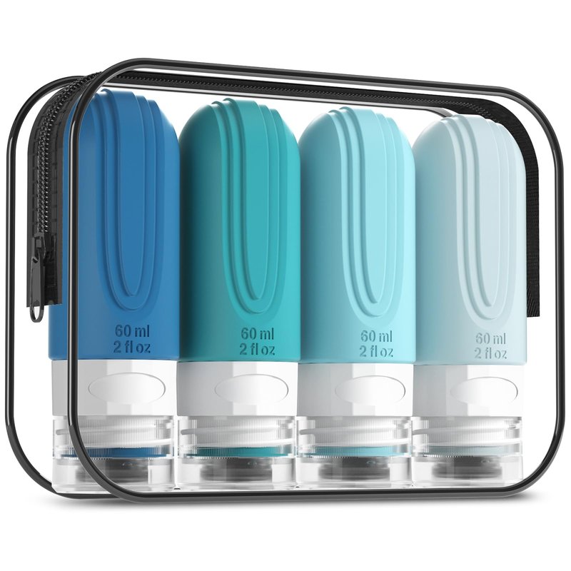 Mrsdry Travel Bottles for Toiletries, Tsa Approved 2oz Travel size Bottles, BPA Free Leak Proof Travels Toiletry Containers, Traveler Accessories with Toiletry Bag for Shampoo Liquid (4 Pack)