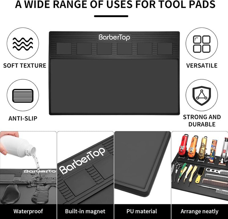 Magnetic Barber Mat - 19.3"x12.6" Non-Slip Tool Organizer with 6 Magnets | Ideal for Clippers & Salon Use