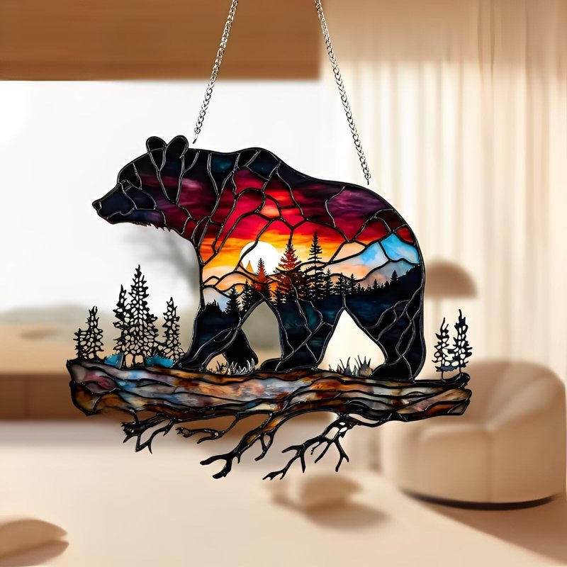 1PC Bear on Branch Acrylic Suncatcher Hanging, 7.08 inch Window Decor with Printed Stained Glass Style Design, Rainbow Maker Wall Art, Gift Idea & Garden Ornament Indoor Outdoor Use/DW-19