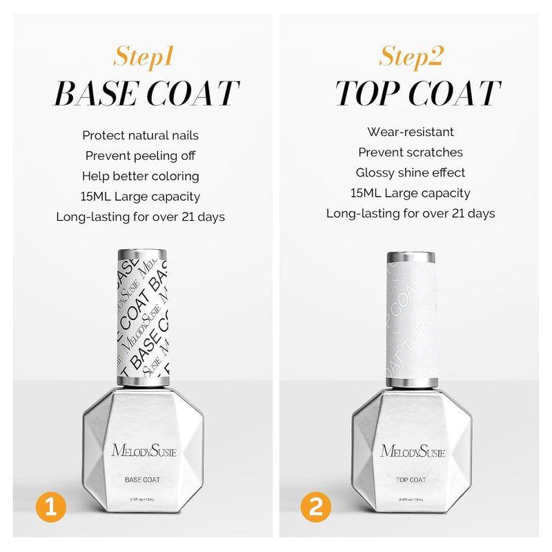 MelodySusie 2Pcs 15ml No Wipe Glossy Top Coat & Base Coat Set Long Lasting Shine Finish Soak Off UV LED Nail Lamp Nail Art Design Manicure Kit Perfect Gifts for Women Girls