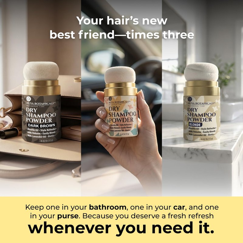 Nuva Botanicals Non Aerosol Dry Shampoo Powder with Biotin - Lavender Extract and Korean Ginseng - Volumizing Travel Dry Shampoo - Classic, Dark Brown and Blonde (0.42 oz, 3 Pack)