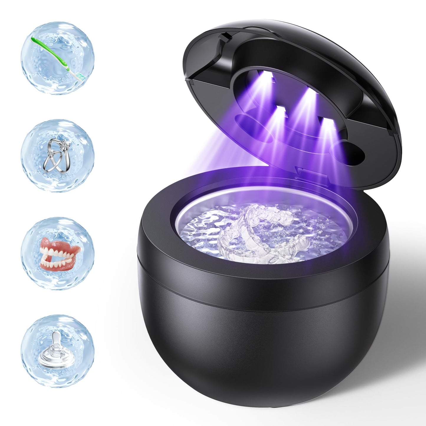 EcoBasic Ultrasonic Retainer Cleaner Machine, 45kHz Dental Cleaning Pod with UV-C Light, 200ML Denture Cleaner with 4 Modes Deep Cleaning for Retainers, Aligners, Mouth Guards, Dentures & Jewelry