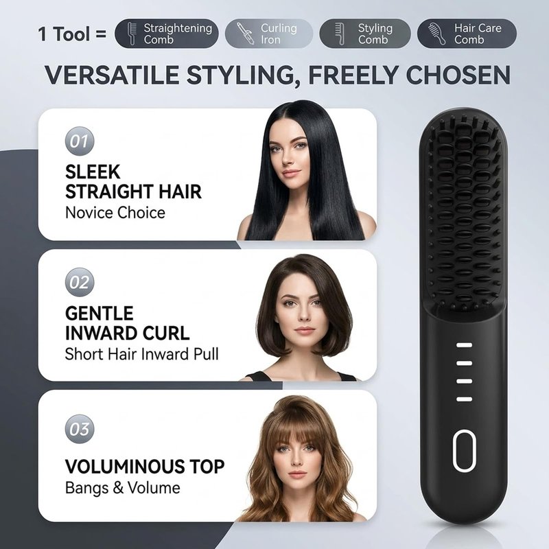 Flown Go Brush Pro Cordless Straightening Brush, Fast Heating, 3 Temp Settings with 300m Negative Ions for Frizz-Free Styling，Portable Travel Styling Tool，USB-C Rechargeable