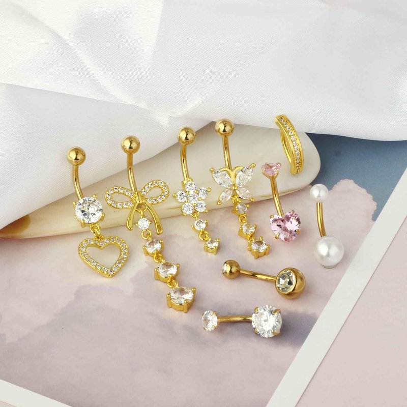 14G Gold Hoop Belly Button Ring For Women Surgical Stainless Steel Dangle Belly Rings Clicker CZ Belly Button Piercing Pack Butterly Heart Cute Flower Bow Dainty Navel Piercing Jewelry(gold)