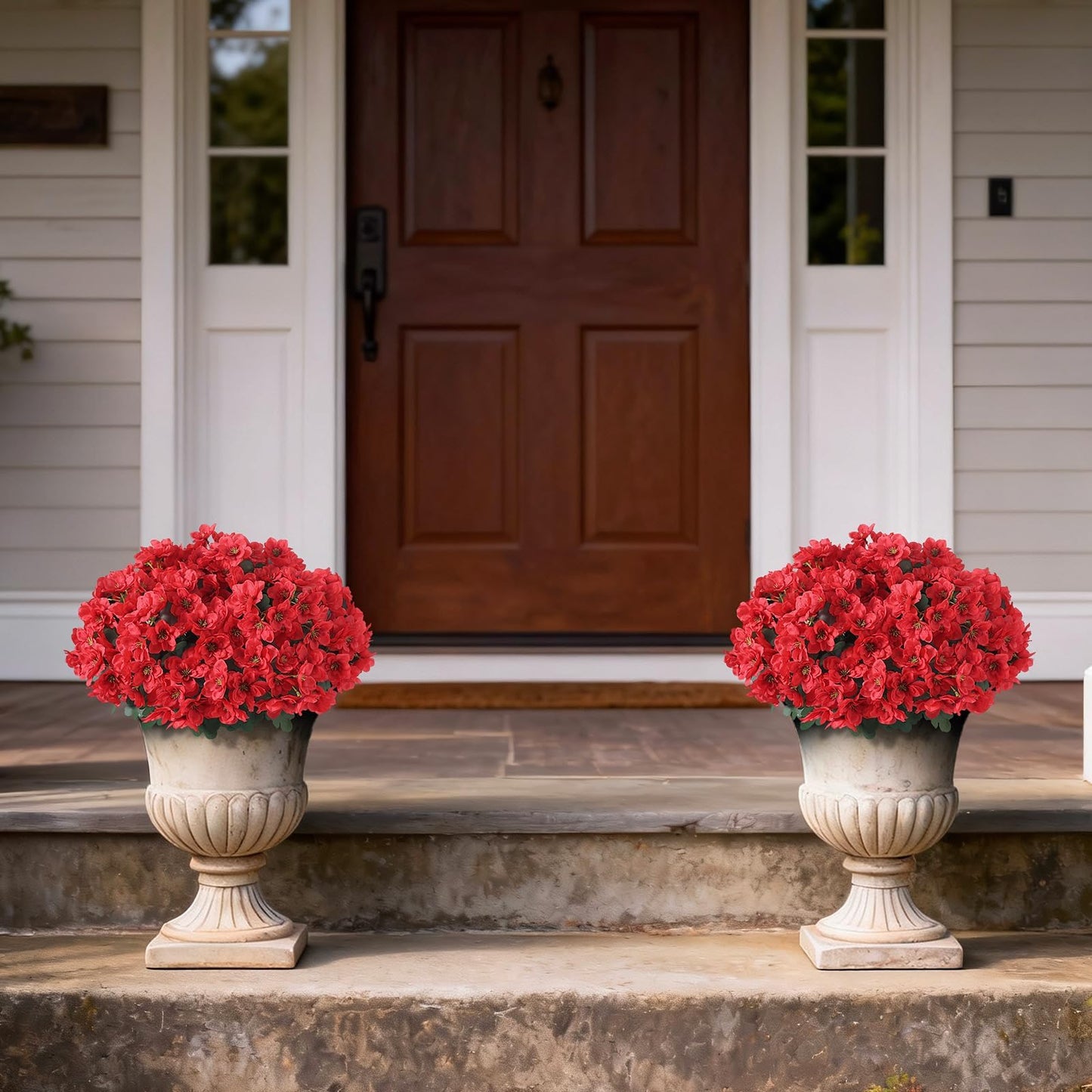 YXZZWL Set of 2 Artificial Azalea Flower Topiary Trees - Fake Silk Flower Potted Plants, Sun-Resistant Faux Outdoor Azalea Bushes for Front Door, Garden, Yard, Farmhouse Decor (Red)