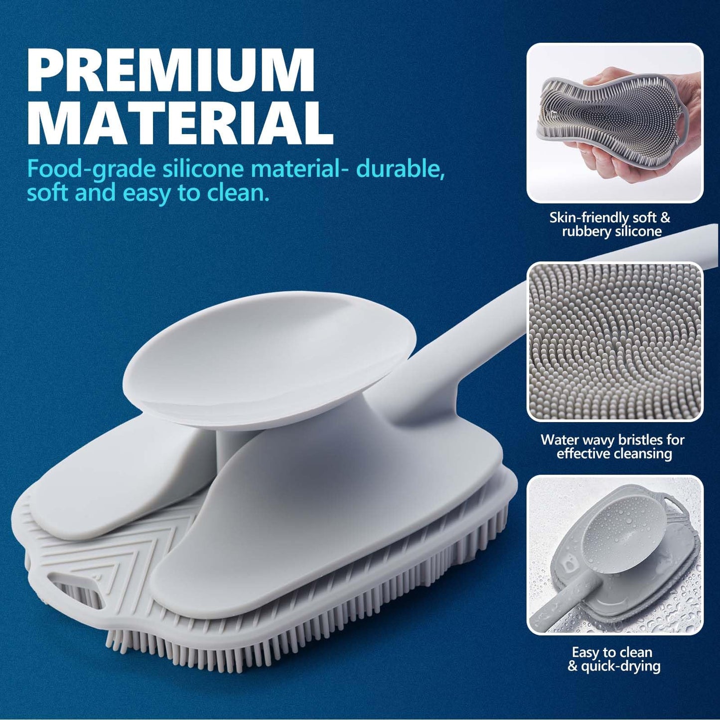 ARIOSOX Silicone Back Scrubber for Shower, Detachable Long Handle Body Scrub Brush, Shower Brush for Shower Exfoliating and Message, Dual Purpose Overall Cleaning - Grey