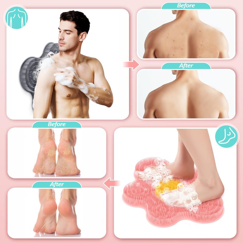 GEENOA Upgrade Silicone Shower Foot Scrubber Mat & Silicone Bath Brush Set, Large Wall-Mounted Back Scrubber Back Washer to Clean, Exfoliate and Massage Without Bending(Pink+Soft Brush)