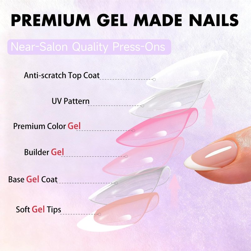 Press On Nails Short Almond - White French Tip Fake Nails with Glue | 15 Sizes, Realistic Soft Gel Design