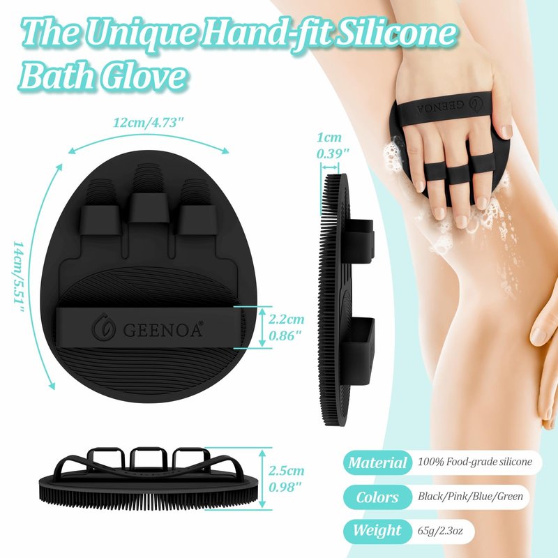 GEENOA Upgrade Silicone Bath Glove with Straps, 360° Anti-Slip & Enlarged Exfoliating Body Scrubber for Rich Foaming Deep Cleaning, No-Grip & Hand-fit Shower Scrubber for All Skin Types(Blackx2)