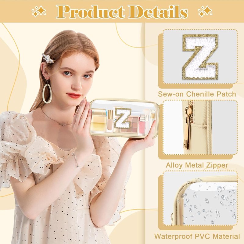 Personalized Initial Letter Clear Makeup Bag - Preppy Nylon & PVC Cosmetic Zipper Bag | Trendy Monogram Gift for Teen Girls - Z
