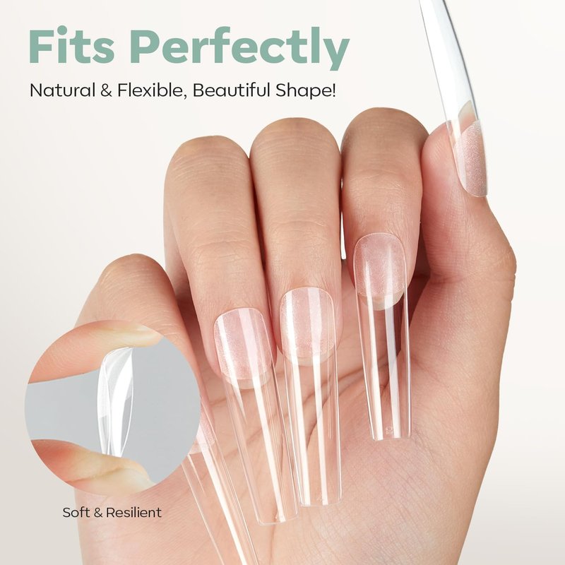 modelones Long Square Nail Tips, 3XXXL Straight Pre-shaped Soft Gel Tips Fake Nails False Acrylic Clear Full Cover Press on Extension Kit Gel Manicure DIY at Home 216PCS 12Sizes