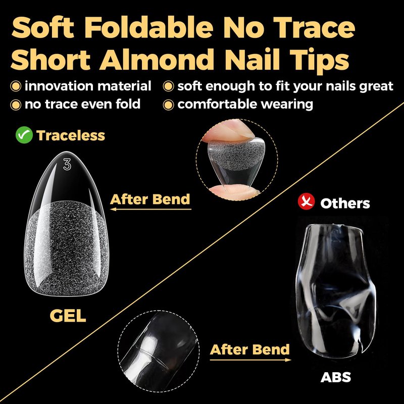 Short Almond Gel Nail Tips - 600 Pcs Pre-Filed Half Matte Press-On Nails | 12 Sizes Full Cover Clear Fake Nails for DIY & Salon Use