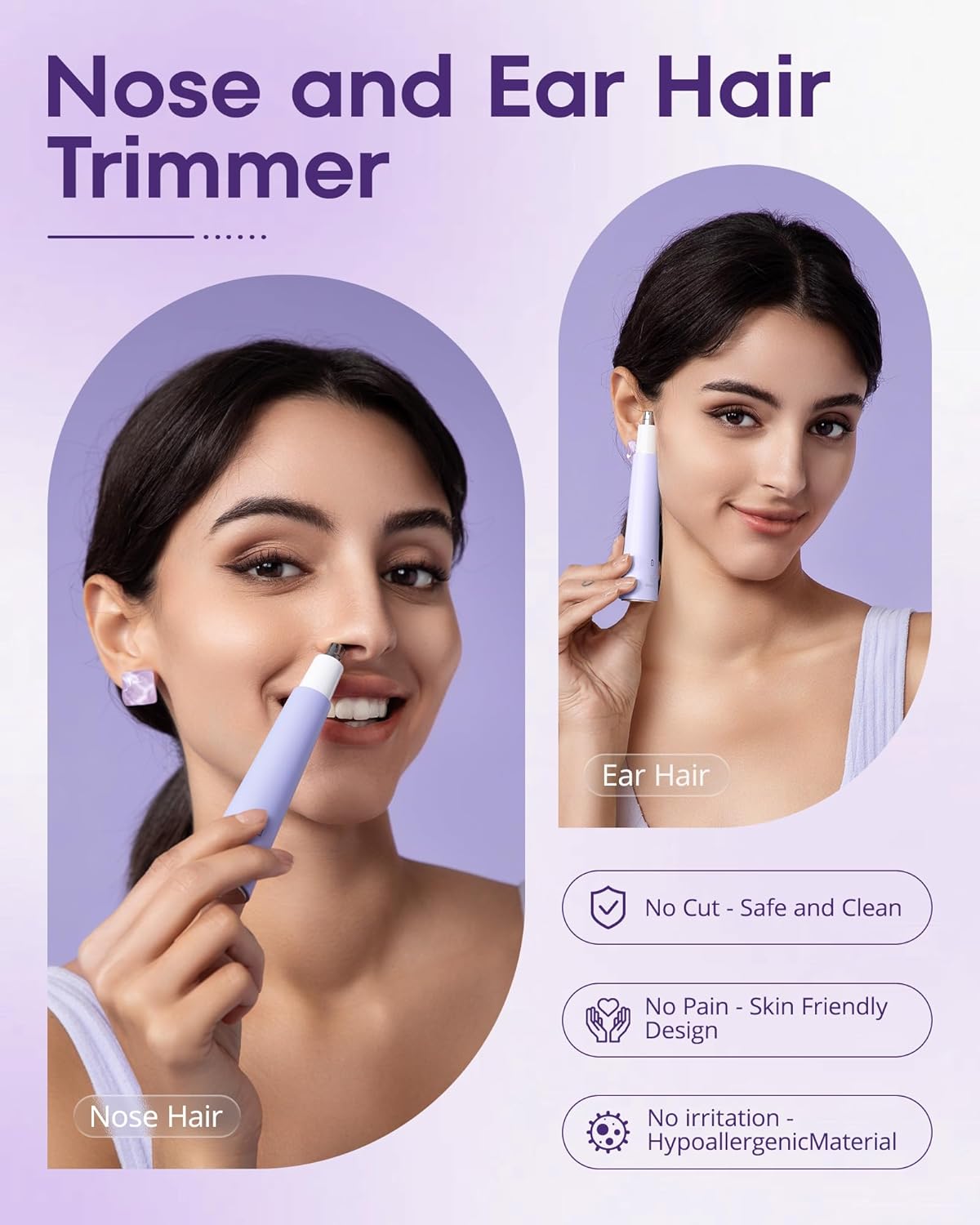 VG VOGCREST Nose Hair Trimmer for Women - Rechargeable 2-in-1 Ear & Eyebrow Trimmer | Purple