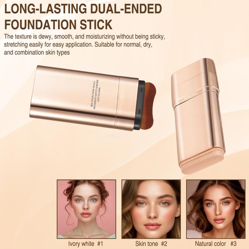 2Pcs Dual-Ended Concealer Foundation Stick, Foundation Stick Korean 3 in 1 with Brush, Lightweight Brighten Flawless Long-Lasting for All Skin Types (Natural)