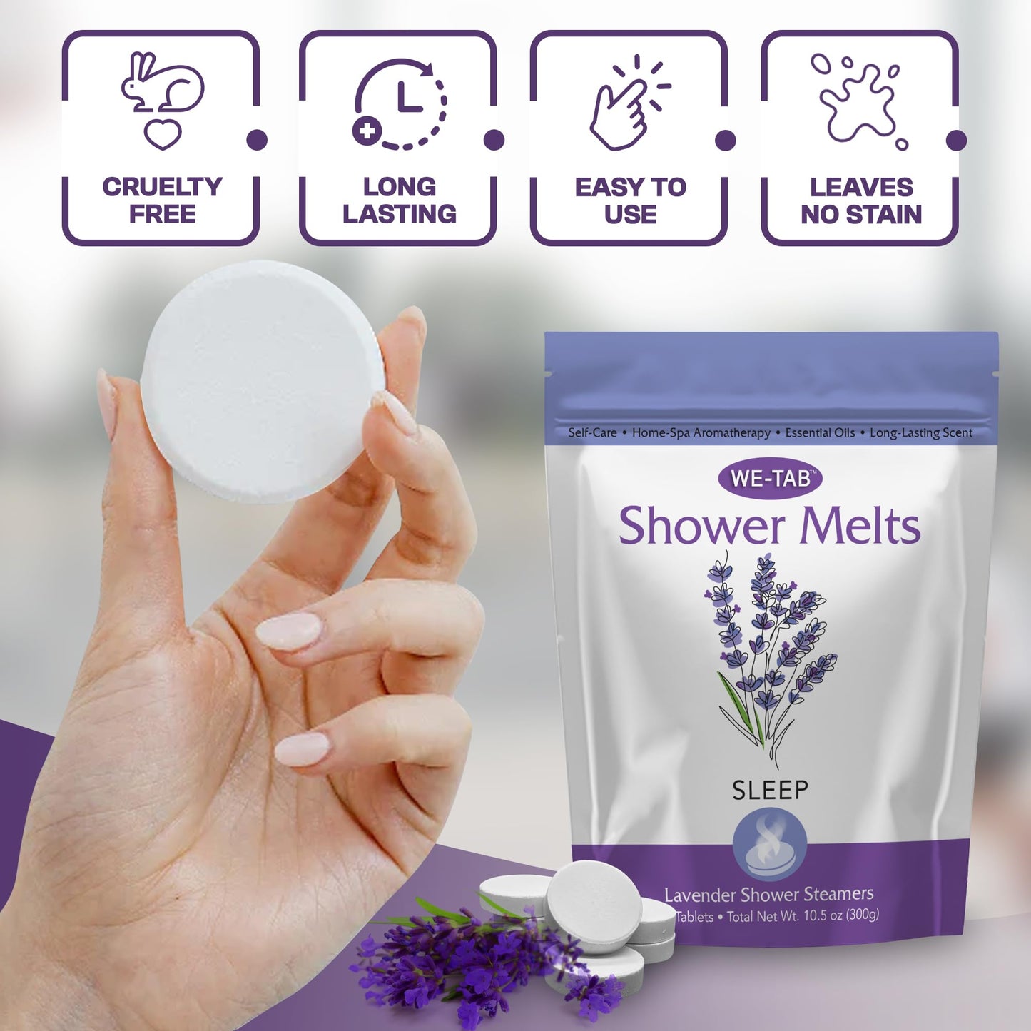 Shower Steamers 10-pk with Essential Oil Aromatherapy to Unwind and Sleep, Long Lasting Lavender Scent, No Stain or Artificial Dye, for Relaxation, Stress Relief and Self Care Gift for Everyone!