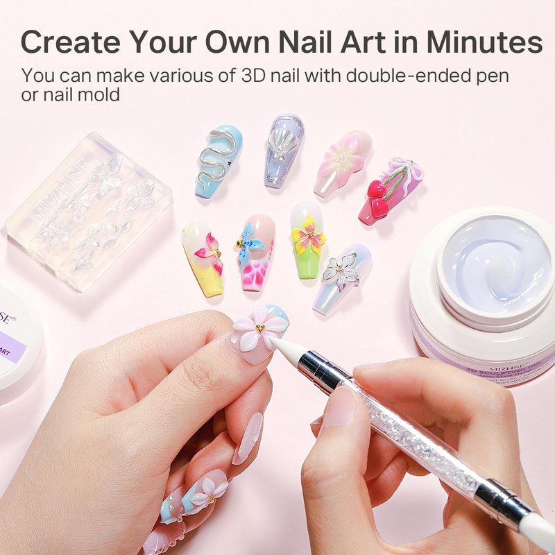 MIZHSE White 3D Gel Nail Art 30g Sculpting Gel Non-Sticky Molding Gels Solid U V LED Soak Off Gels Polish with 3D Flower Charm Nail Molds for Nails and Silicone Pen for Nail Design