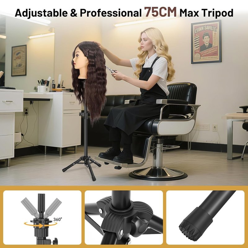Mannequin Head With 90% Human Hair 23 inch,Doll Head For Hair Styling,Cosmetology Manikin,Hair Practice Head,Training Braiding Hairdressing Head with Wig Stand Tripod