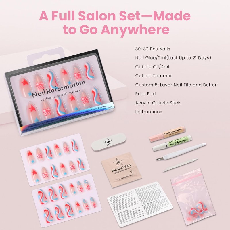 Nail Reformation Press On Nails, Red White & Blue Swirl Medium Almond Fake Nails with 3D Stars & Bows in Glossy Finish, Reusable Stick On Nails in 15 Sizes - 30 False Nail Kit, Gifts for Women