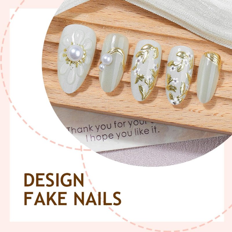 Handmade Press-On Nails - 30 Pcs Medium Almond Shape with 3D Flower & Chrome Gold Foil | Reusable Acrylic Full Cover in Nude White