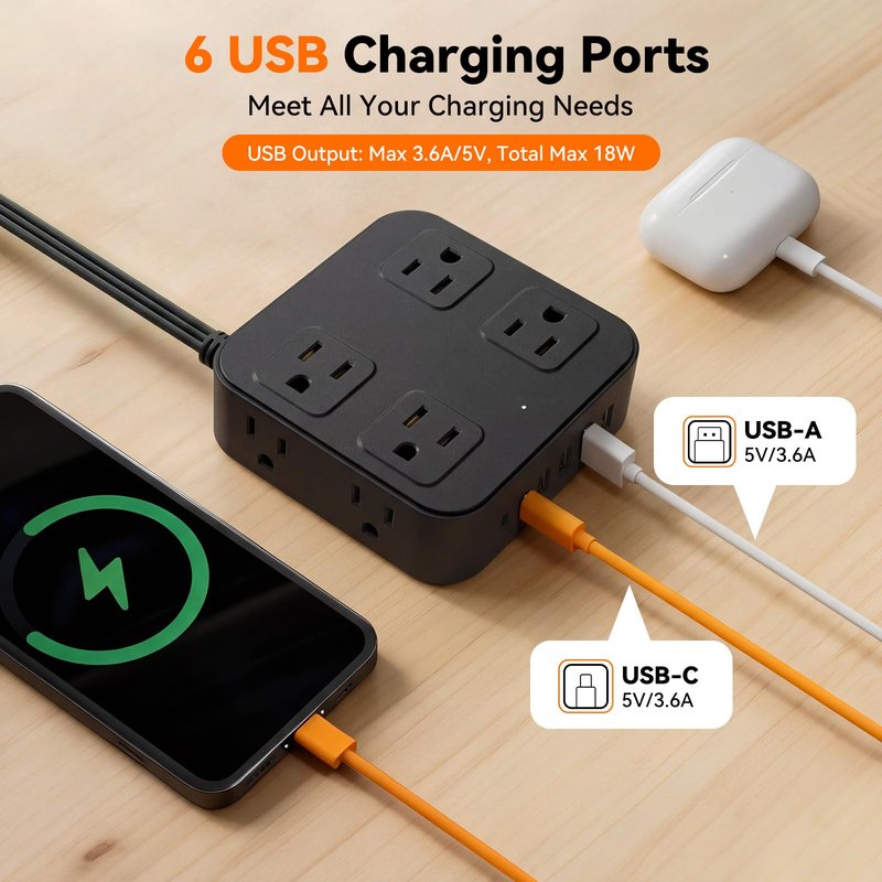 HLCZLUZ 10Ft Extension Cord w/ 8 Outlets & 6 USB (2 USB C), 1250W 900J Protection Power Strip w/Power Switch, Surge Protector Power Strip Flat Extension Cord Outlet Extender for Home Office