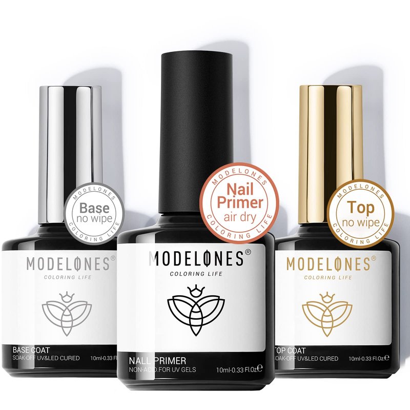 modelones Gel Base Top Coat Set with Nail Primer, 3 Pcs No Wipe Clear Base and Top Coat Nail Bonder Primer Set for Nails Super Shiny Long Lasting Home DIY Manicure Gift for Women