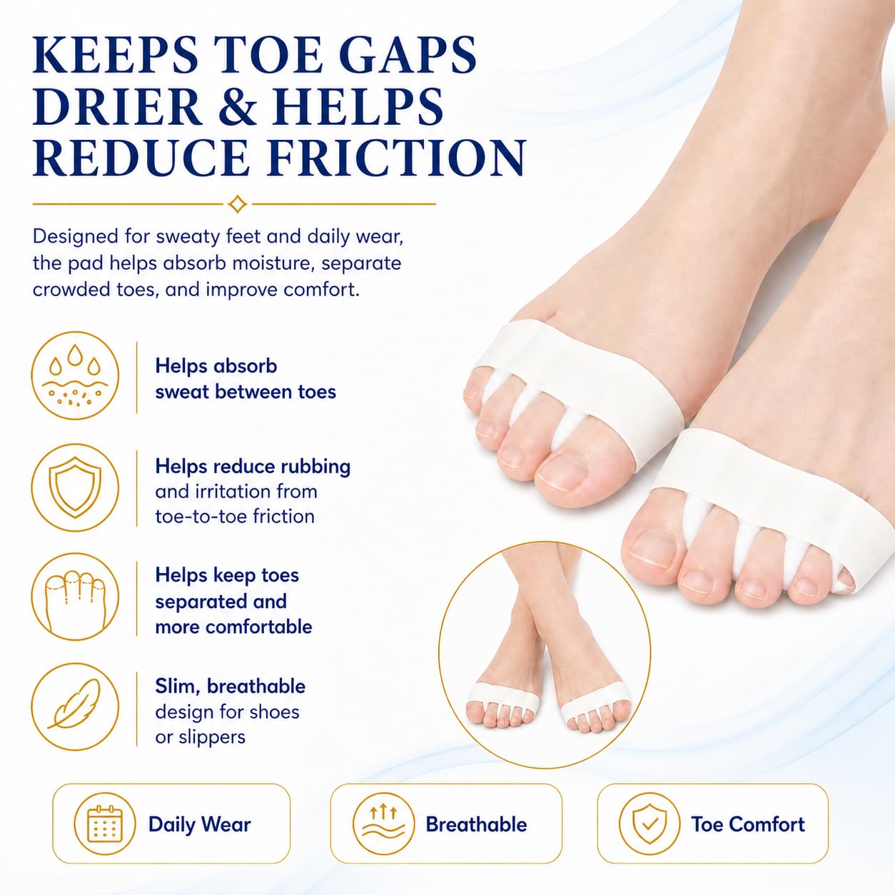 Toe Separator Pads for Sweaty Feet, 12 Pairs Sweat-Absorbing Toe Spacers, Soft Anti-Friction Toe Cushions for Running, Walking & Daily Wear Reduces Friction & Odor, Women & Men